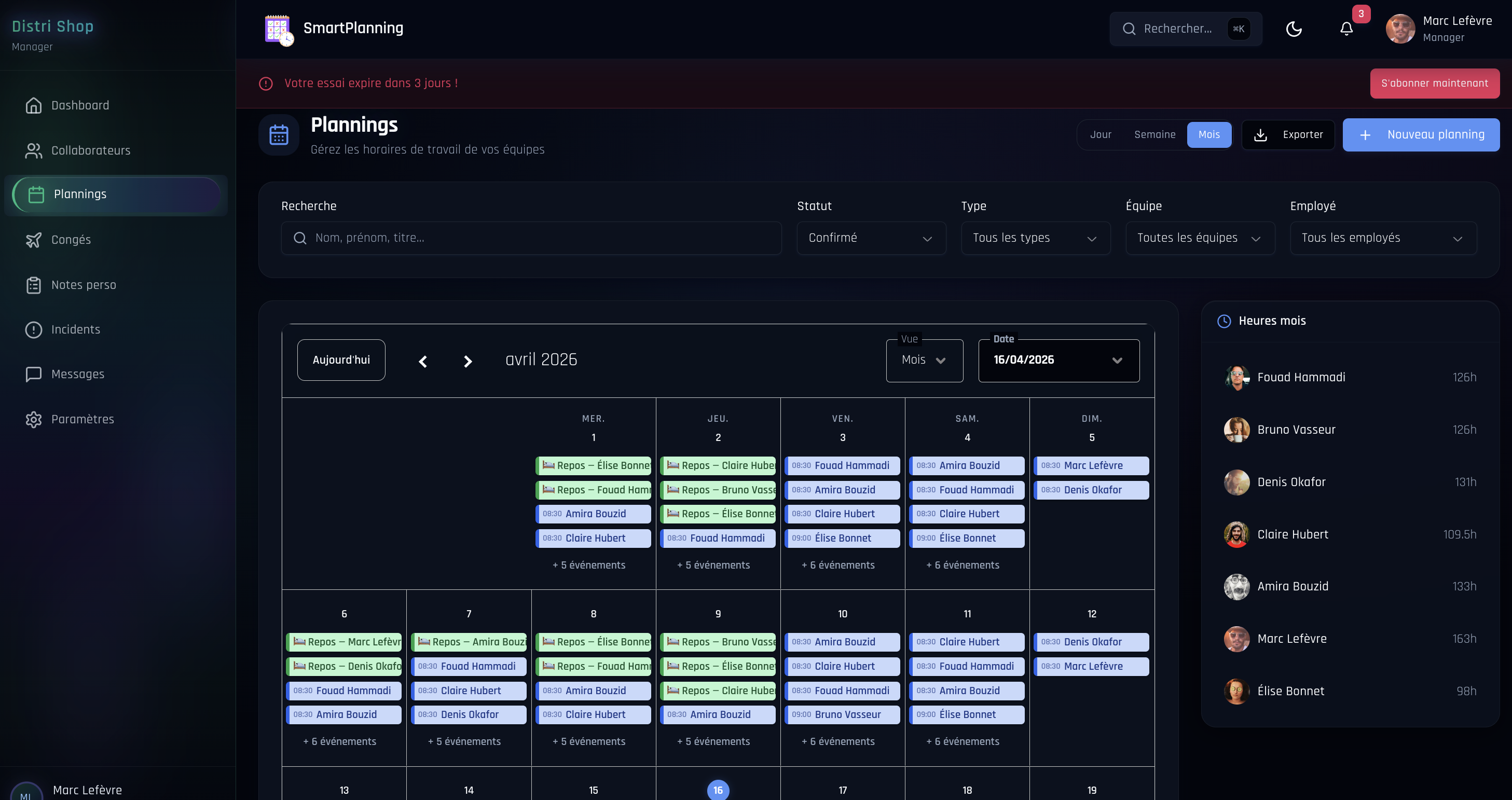 Vue planning mensuelle SmartPlanning — créneaux par employé avec filtres statut, type et équipe
