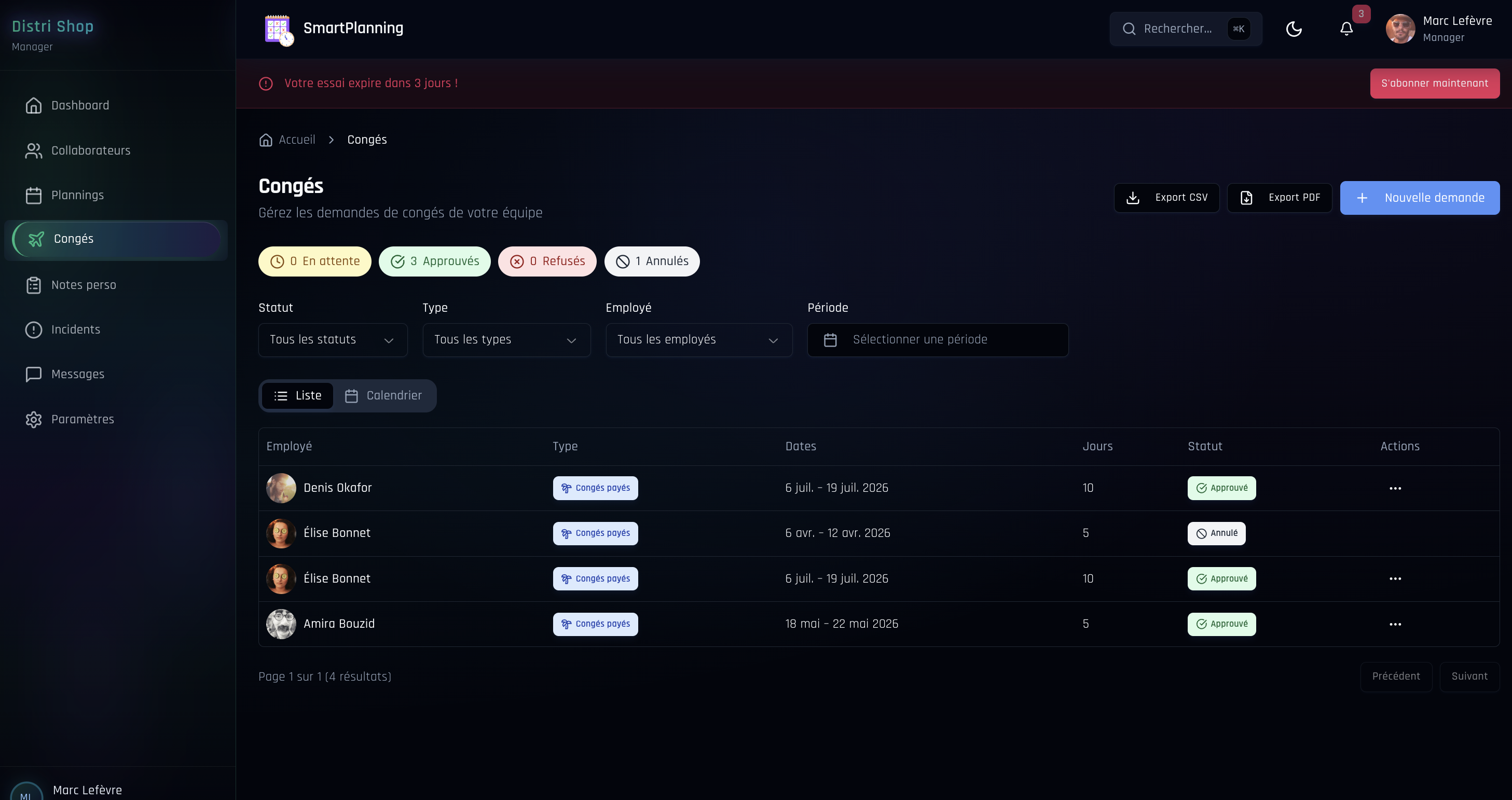 Interface de gestion des congés SmartPlanning — liste filtrée avec statuts approuvé, annulé et en attente