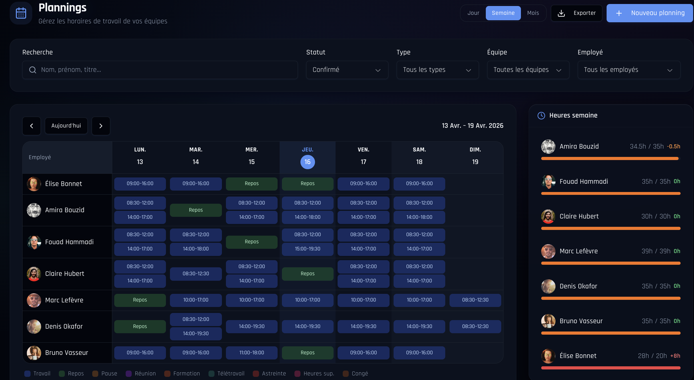 Vue planning hebdomadaire SmartPlanning — grille horaire avec créneaux drag & drop et heures semaine