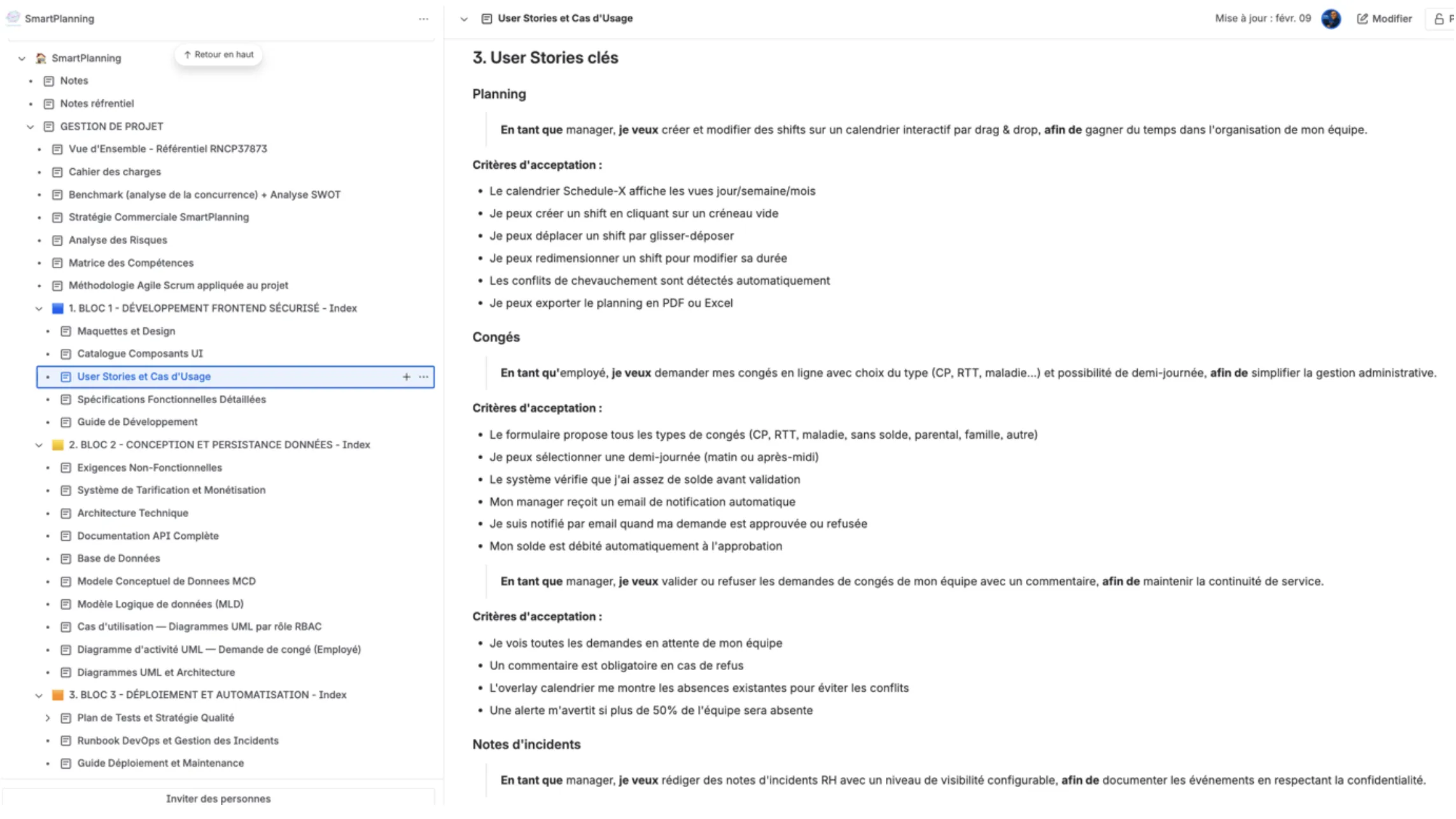 Page Confluence listant les User Stories et critères d'acceptation par rôle