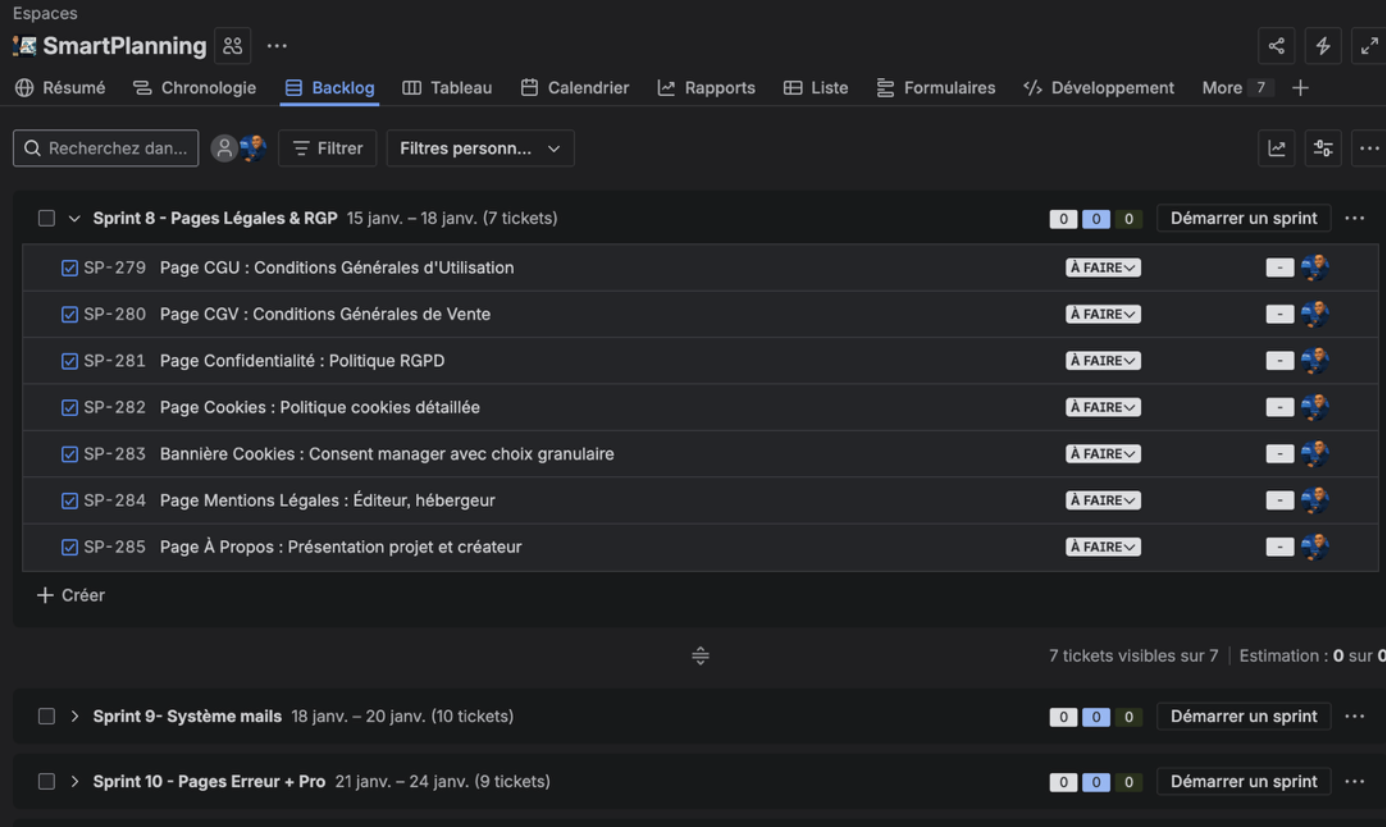 Vue Backlog Jira avec la liste des sprints thématiques et leur avancement