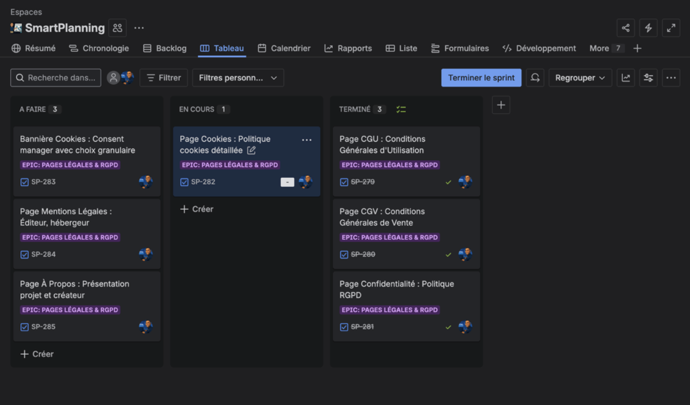 Tableau Kanban Jira — colonnes À faire, En cours, Terminé pour un sprint Pages Légales