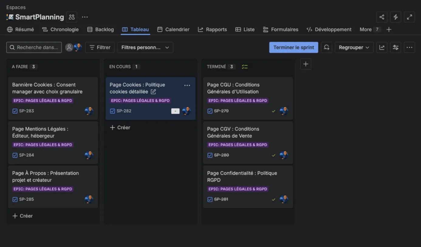 Tableau Kanban Jira : colonnes À faire, En cours, Terminé pour un sprint Pages Légales