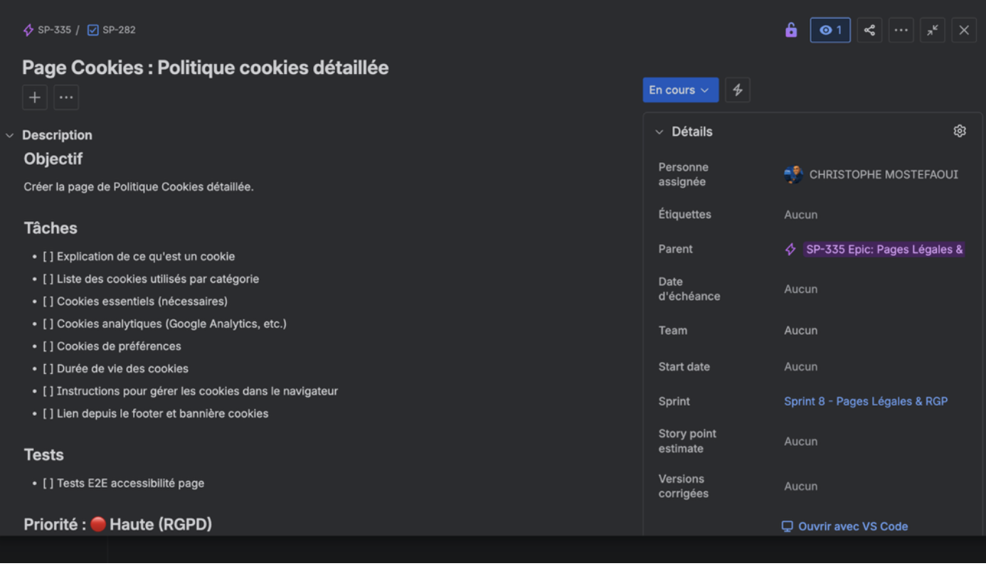 Détail d'une story Jira avec description, tâches, tests et priorité
