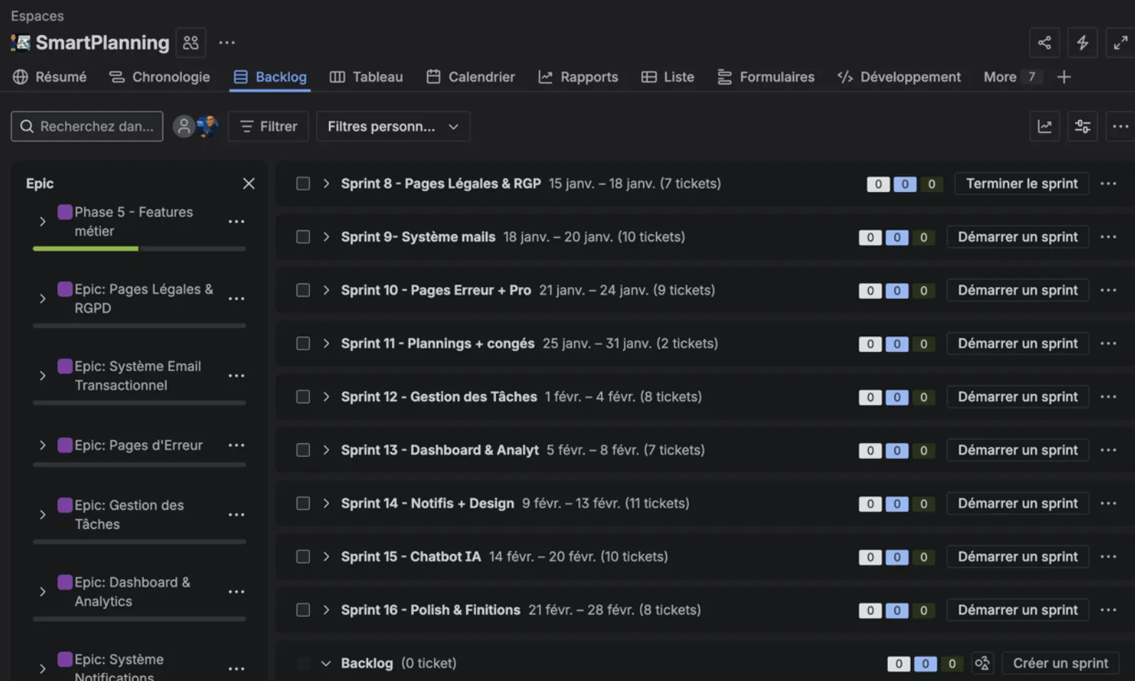 Vue Backlog Jira avec les Epics et sprints thématiques du projet SmartPlanning
