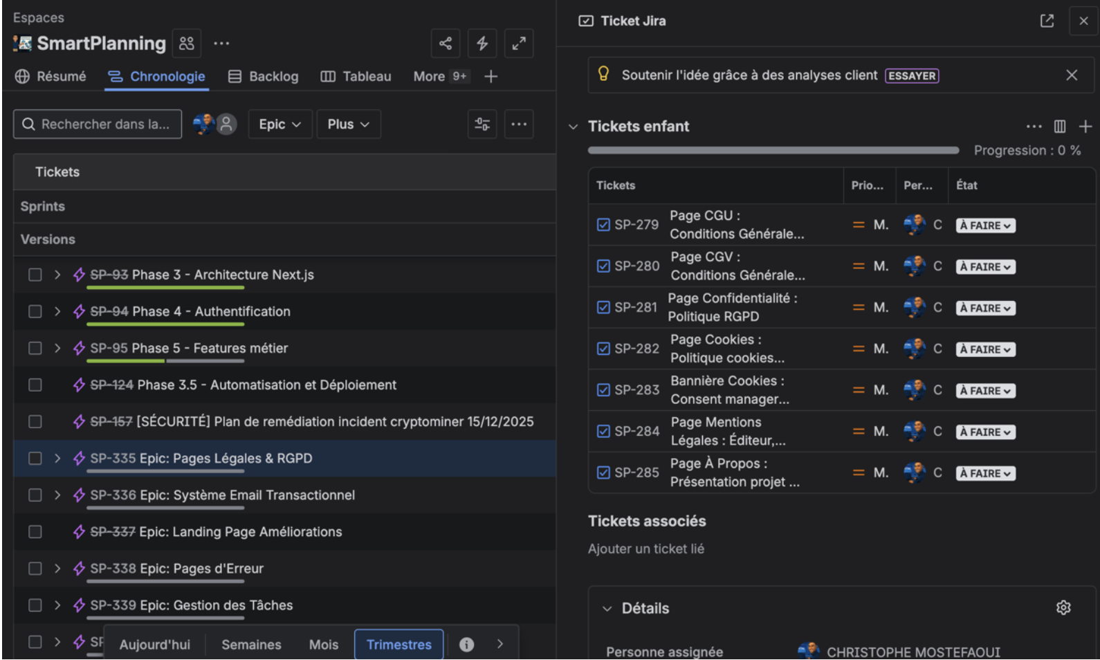 Vue Chronologie Jira — timeline des phases et tickets du projet SmartPlanning
