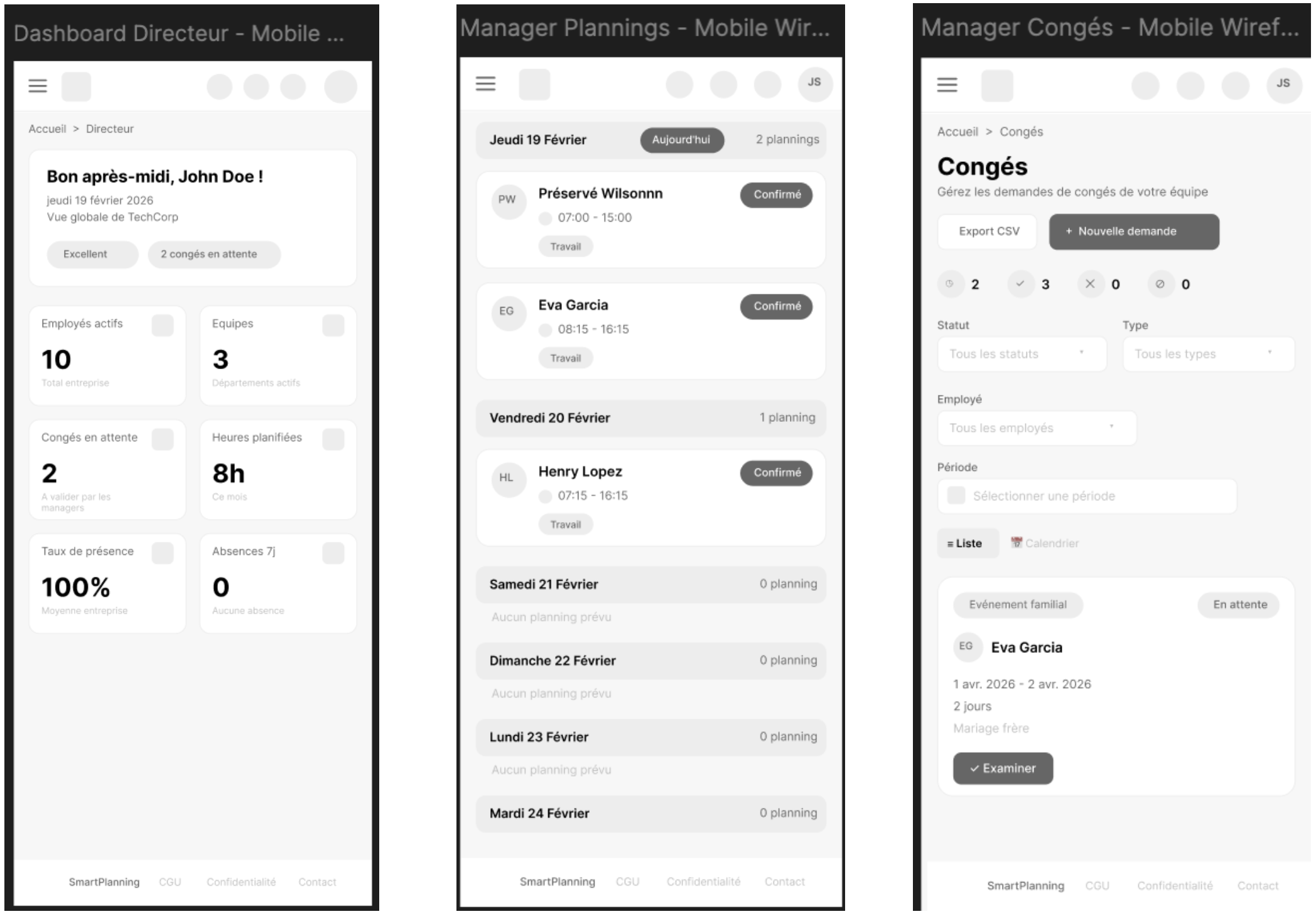 Wireframes mobiles — dashboard directeur, planning manager et gestion des congés