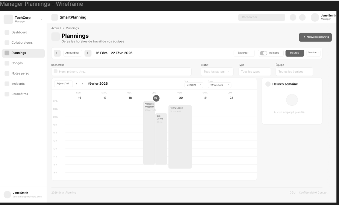Wireframe de la vue planning hebdomadaire — calendrier avec créneaux par employé